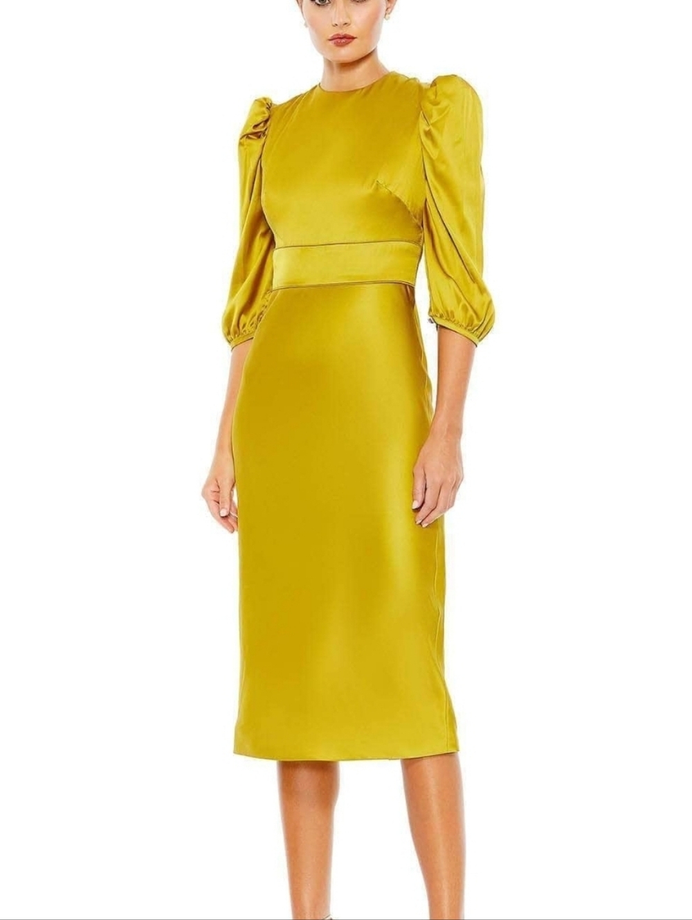 NWOT Ieena For Mac Duggal Marigold High Neck Puff Sleeve Satin Midi Dress (4)